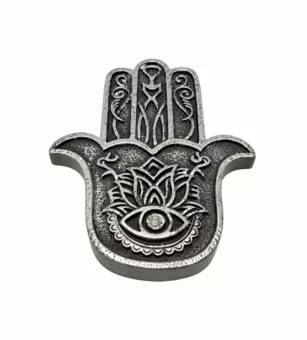 Räucherstäbchenhalter Fatima-Hand Hamsa, versilbert, aus Kunstharz, 11 cm