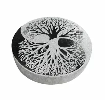 Yin-Yang Lebensbaum Platte Schwarz-Weiß aus Selenit 8cm