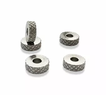 Silberfarbene, gestreifte Rondell-Abstandsperlen aus Edelstahl, 6 mm x 50