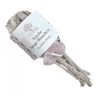 Fackel aus weißen Salbeiblütenblättern mit Rosenquarz, 25–30 g, 11 cm
