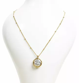 Gold Edelstahl Kette Halskette Barock Rund Anhänger Perlen A