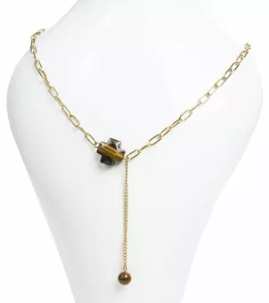 Goldene Edelstahlkette mit facettiertem Tigerauge-A-Kreuzanhänger