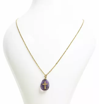 Goldene Edelstahl-Halskette mit Amethyst A und Kreuz
