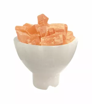 Selenit-Lampenschale mit orangefarbenen Selenit-Kieselsteinen, 16 cm, 2-3 kg