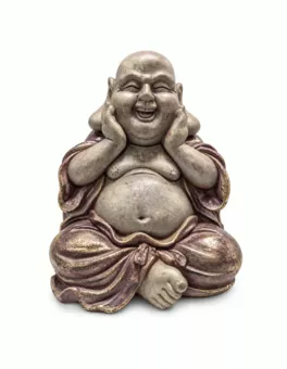 Lachender Buddha Statue in Violett-Patina und Gold aus Harz, 26 cm