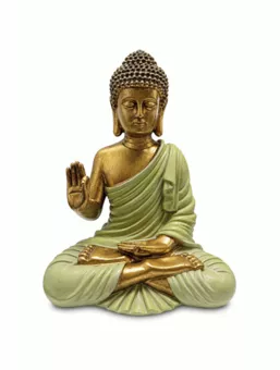 Buddha-Statue Abhaya, grün und golden, aus Harz, 23 cm