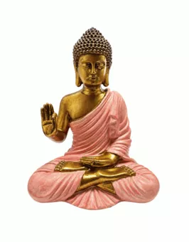 Buddha-Statue Abhaya Rosa und Gold aus Harz 23 cm