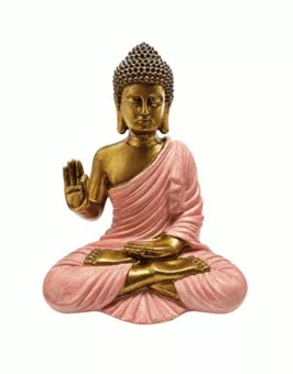 Buddha-Statue Abhaya Rosa und Gold aus Harz 31 cm