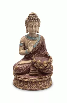 Buddha-Statue Abhaya mit malvenfarbenem und goldenem Lotus aus Harz, 25 cm