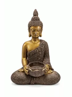 Buddha-Meditationsstatue mit brauner und goldener Schale aus Harz, 25 cm