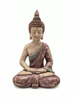Meditierende Buddha-Statue in Lila und Gold aus Kunstharz 31 cm