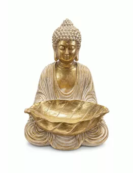 Buddha-Statue mit Blattschale in Weiß und Gold aus Harz, 30 cm