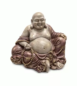Lachender Buddha Statue aus Harz in Lila und Gold, 16 cm