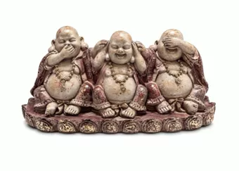 Weise Lachende Buddha-Statue, 3er-Set, Lila und Gold, Harz, 9 cm