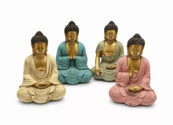 Set aus 4 mehrfarbigen Buddha-Meditationsstatuen aus Harz, 10 cm