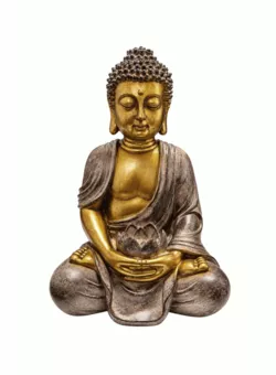 Buddha-Statue Meditation mit goldenem und taupefarbenem Lotus aus Harz, 30 cm