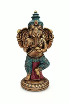 Stehende Ganesha-Statue aus Harz, Türkisblau und Gold, 32 cm