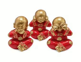 Set aus 3 roten und goldenen Weisheitsmönchen aus Harz, 12 cm