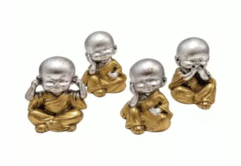 Set aus 4 versilberten und vergoldeten Weisheitsmönchen aus Harz, 5,5 cm