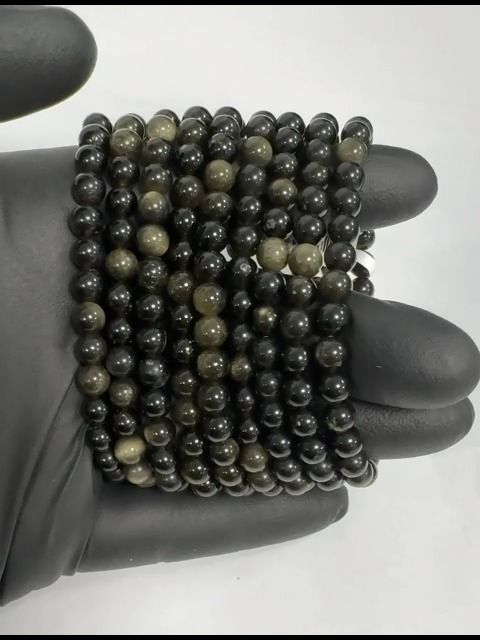 Schwarze goldene Obsidian Perlen Armband A 6mm