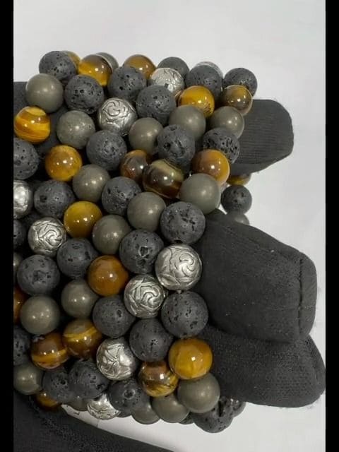 Tigerauge Pyrit Lava & Charms A armband 8mm
