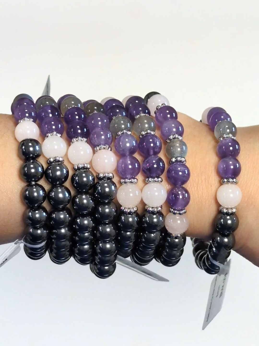 Armband aus Hämatit, Amethyst, Rosenquarz und Labradorit mit 8-mm-Perlen