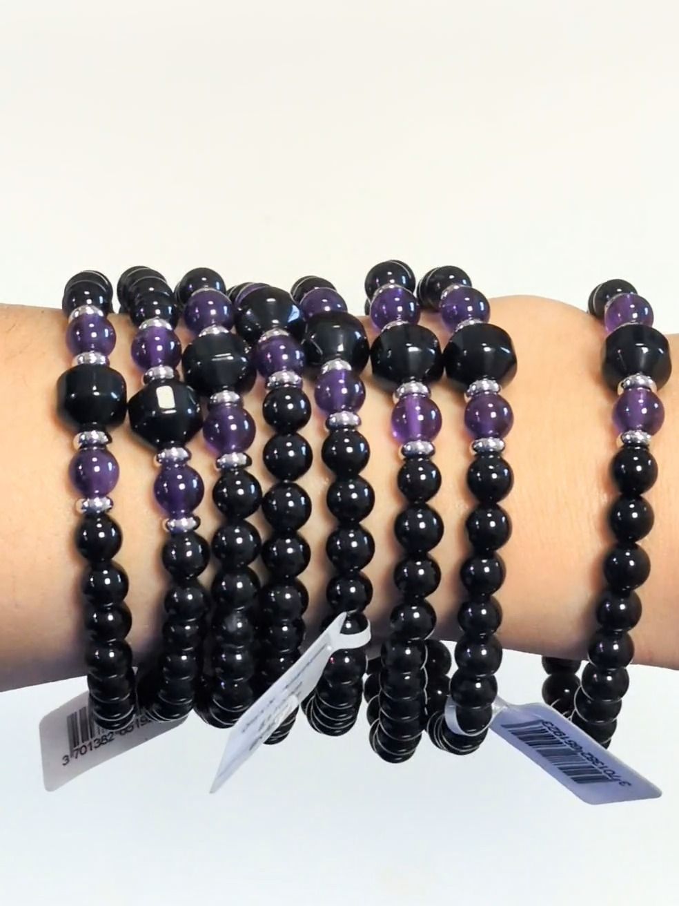 Amethyst-Armband, schwarze Onyx-Perlen (6 mm)