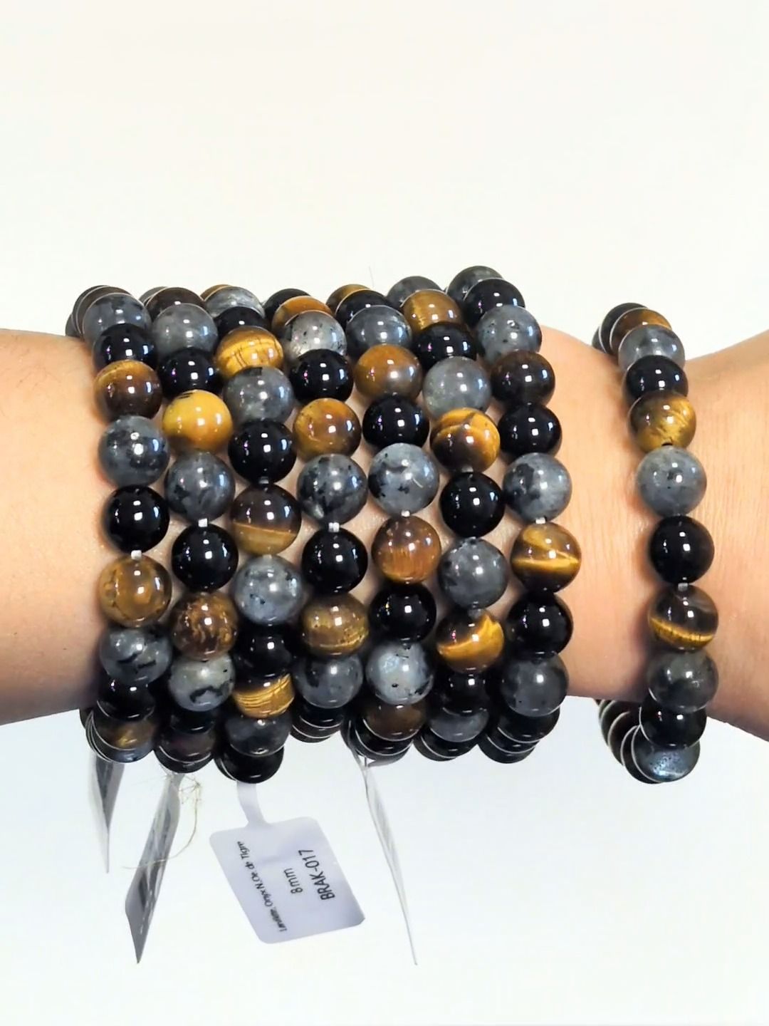 Armband aus Larvikit, Tigerauge und schwarzem Onyx mit 8-mm-Perlen
