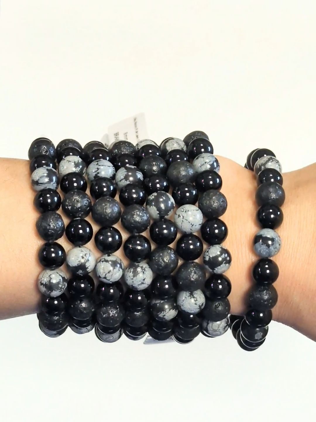 Obsidian-Schneeflockenarmband, Lavastein, schwarze Onyxperlen (8 mm)