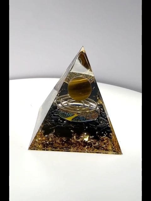 Orgonit-Pyramide Tigerauge und schwarzer Obsidian Lebensbaum-Spirale