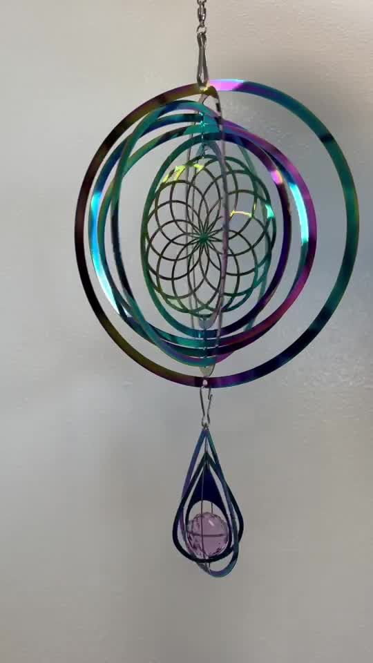 Windspiel 3D Stahl Regenbogen Blume des Lebens Kristall 15cm